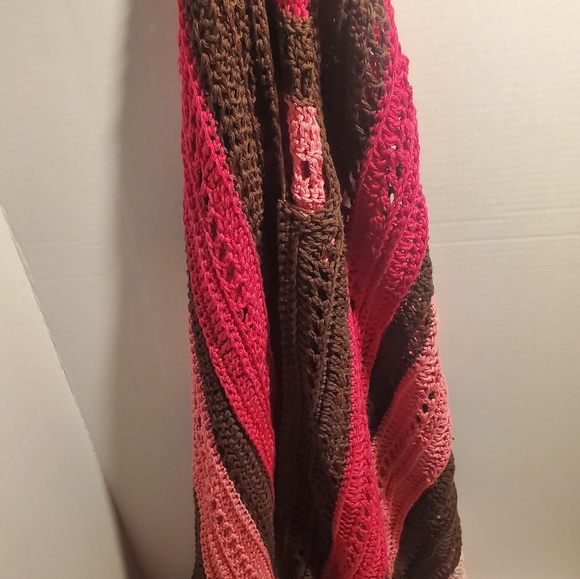 Handmade Afghan Poncho Pink & Brown W Fringe Bottom App 58" - Picture 4 of 6